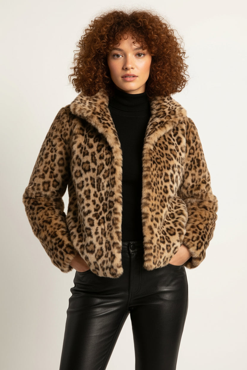 Elena Chaqueta de peluche para mujer con estampado de leopardo