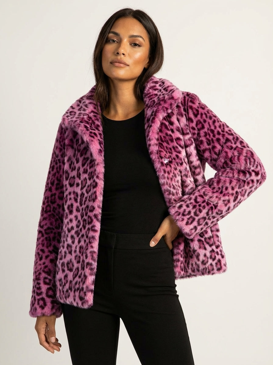 Elena Chaqueta de peluche para mujer con estampado de leopardo