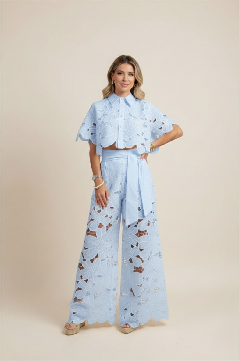 Two-Piece Cut-Out Floral Ensemble – Statement Embroidered Top & Flowy Wide-Leg Trousers