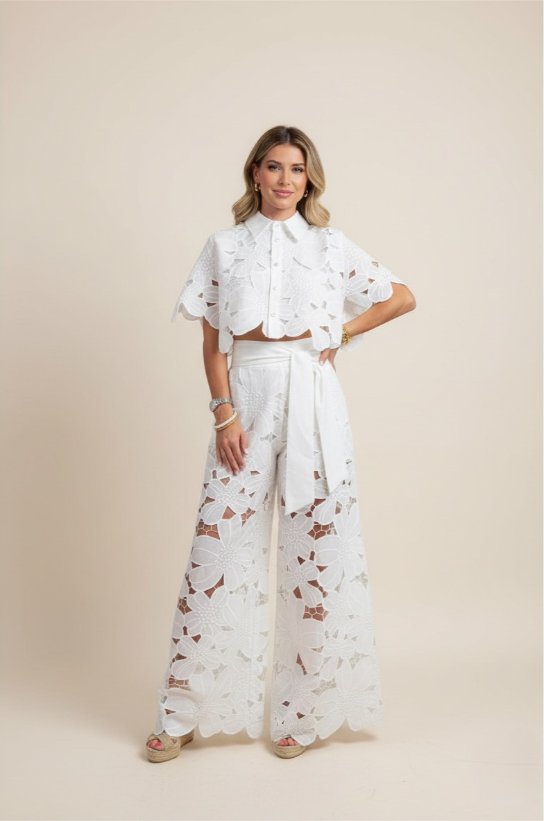 Two-Piece Cut-Out Floral Ensemble – Statement Embroidered Top & Flowy Wide-Leg Trousers