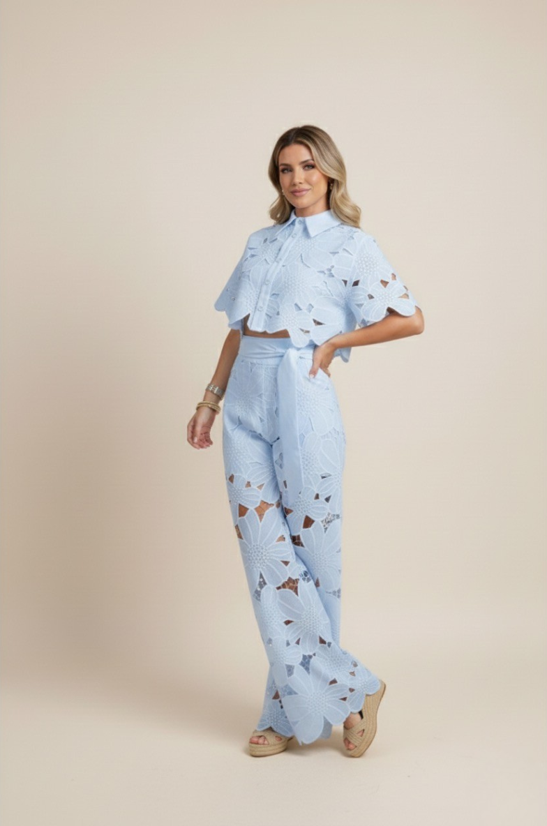 Two-Piece Cut-Out Floral Ensemble – Statement Embroidered Top & Flowy Wide-Leg Trousers