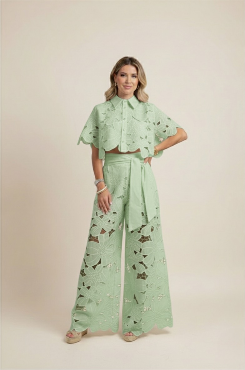 Two-Piece Cut-Out Floral Ensemble – Statement Embroidered Top & Flowy Wide-Leg Trousers
