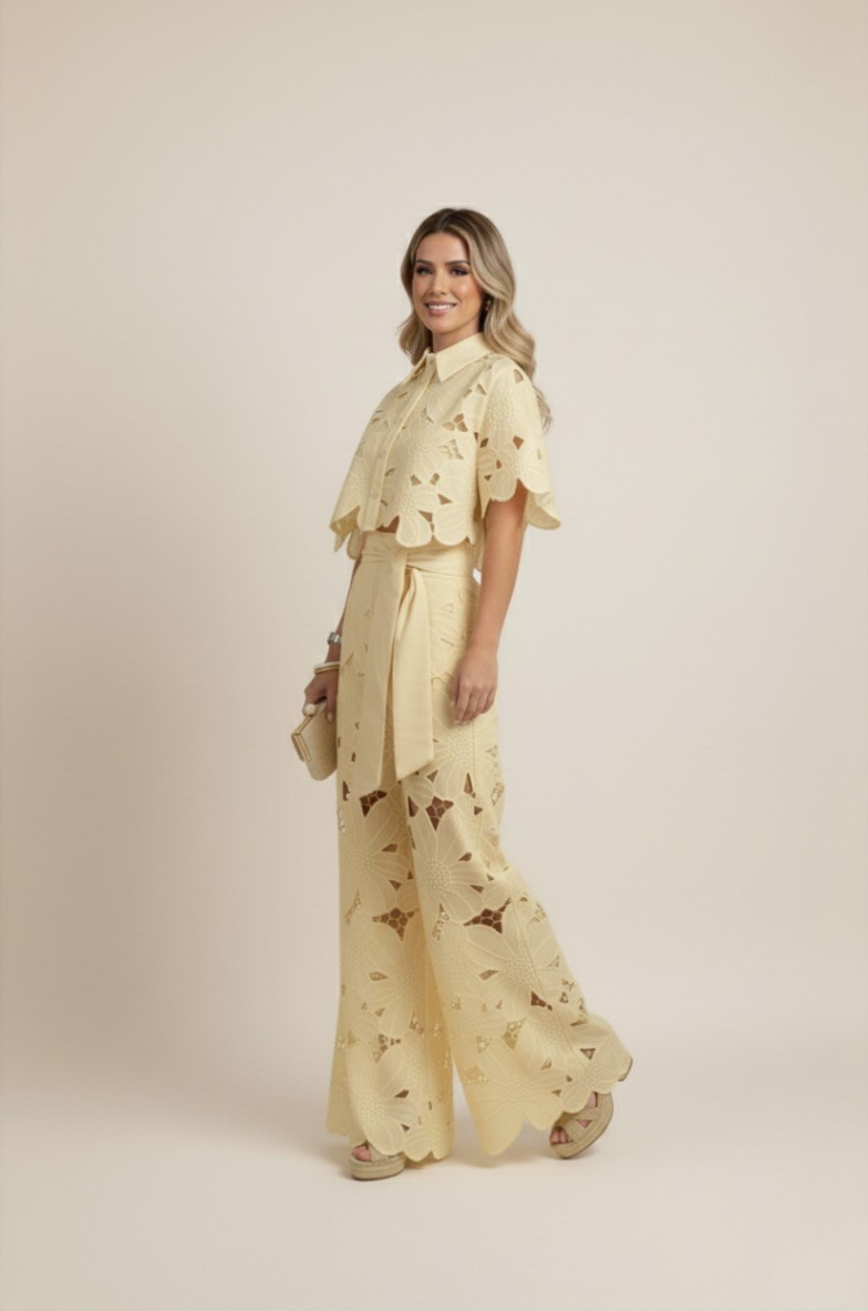 Two-Piece Cut-Out Floral Ensemble – Statement Embroidered Top & Flowy Wide-Leg Trousers