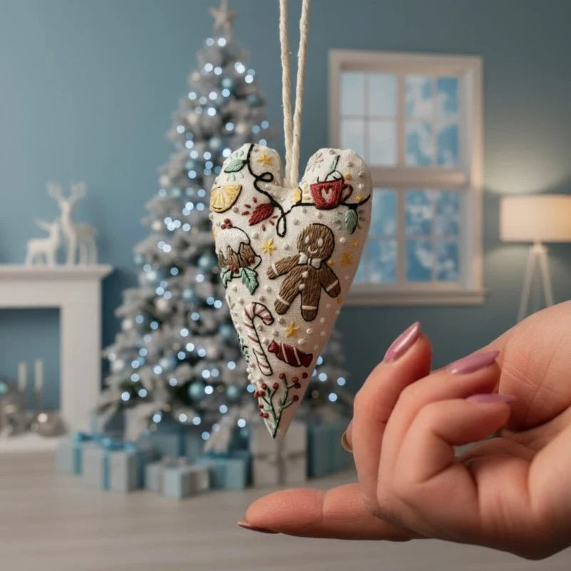Christmas Embroidery Kit for Beginners with Heart-Shaped Ornament Fabric Thread and Hoop - Image 1