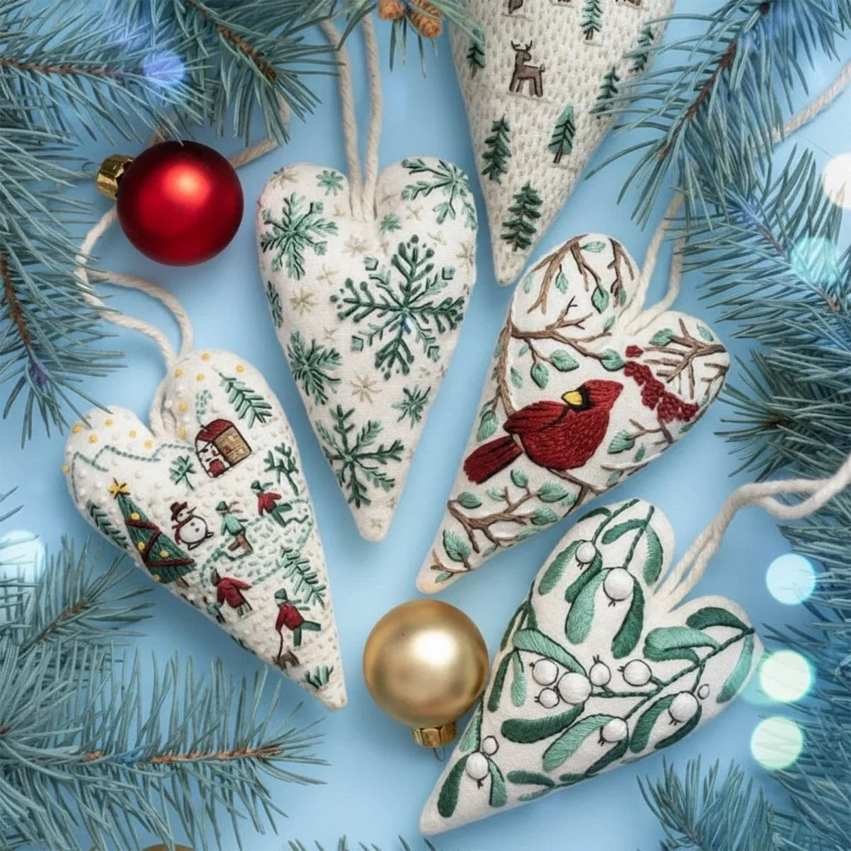 Christmas Embroidery Kit for Beginners with Heart-Shaped Ornament Fabric Thread and Hoop - Image 4