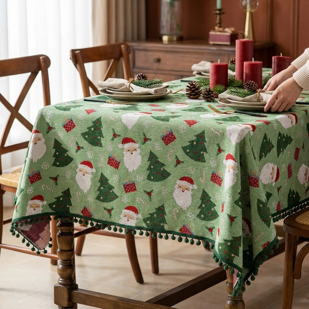 Christmas Tablecloth with Festive Santa Tree and Gift Print Pom-Pom Trim - Image 3