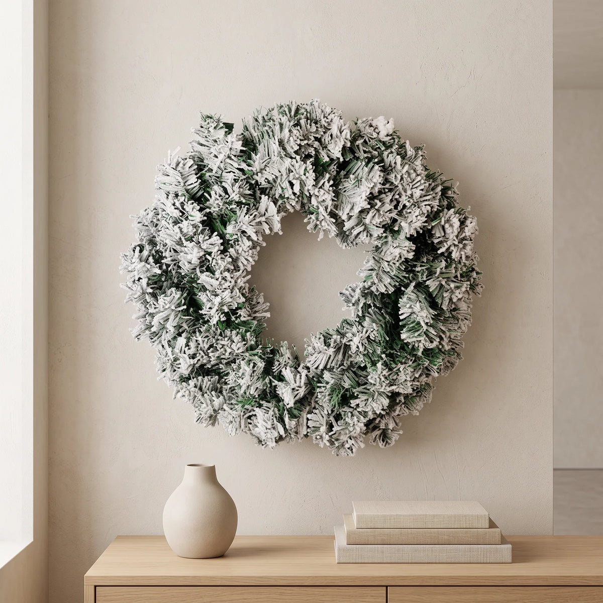 Christmas Wreath with Artificial Pine Needles and Flocked Snow Effect for Front Door - Image 1