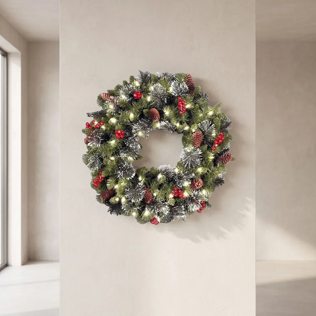 Christmas Wreath with Integrated LED Lights Pine Cones and Red Berries - Image 1