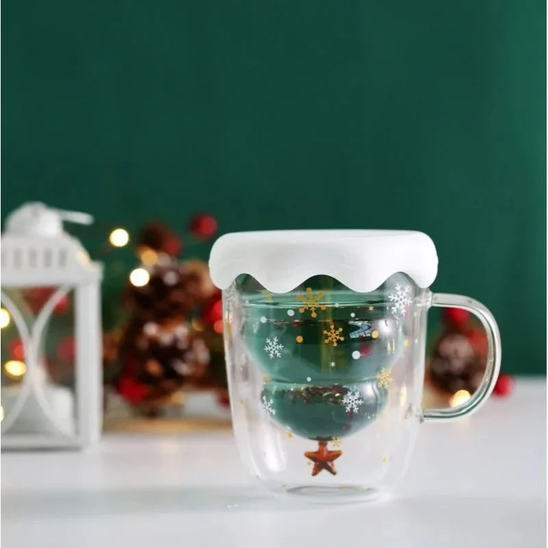 Double Wall Glass Mug with Christmas Tree Design Clear and Silicone Lid 300ml - Image 2