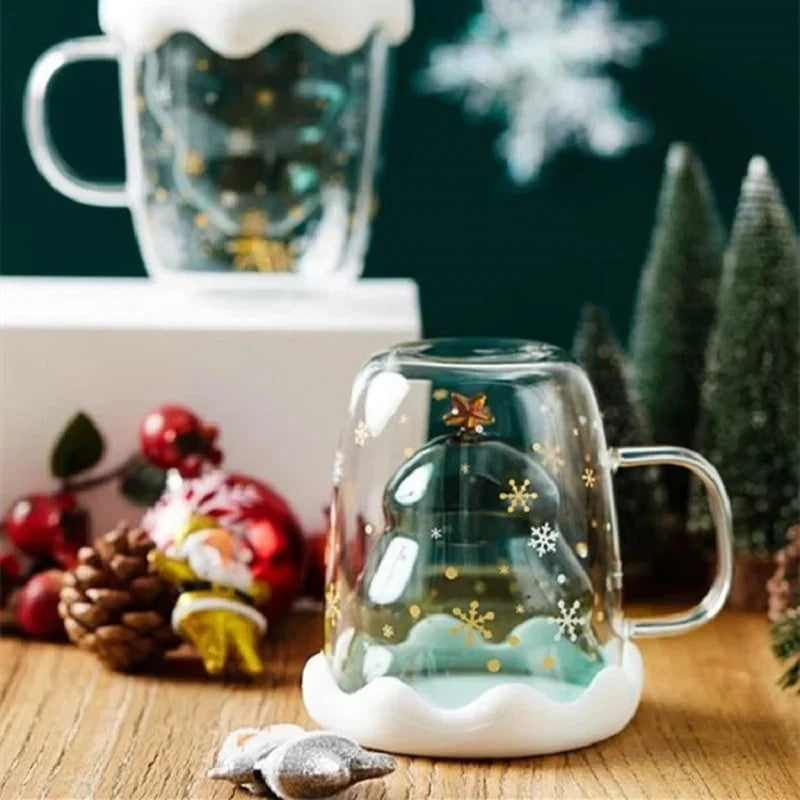 Double Wall Glass Mug with Christmas Tree Design Clear and Silicone Lid 300ml - Image 4