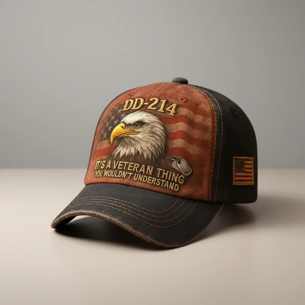 Embroidered Veteran Baseball Cap with Flag and Eagle Vintage Washed Cotton - Image 2