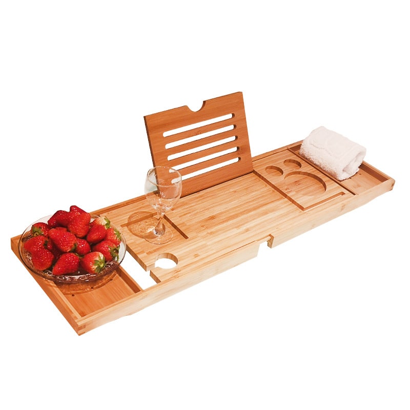Expandable Bamboo Bath Caddy Tray with Folding Legs Wine Glass Slot and Tablet Stand - Image 1