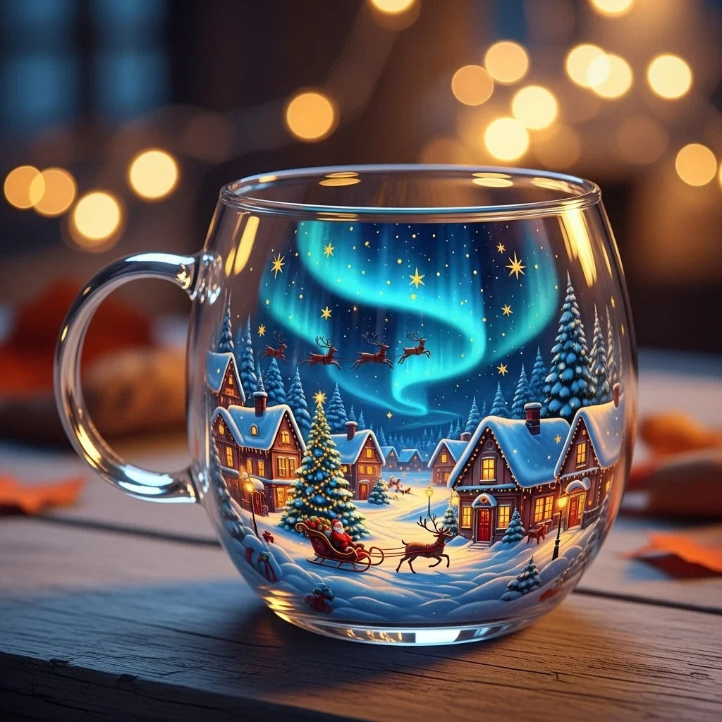 Glass Mug with Festive Holiday Illustrations and Clear Rounded Design - Image 1