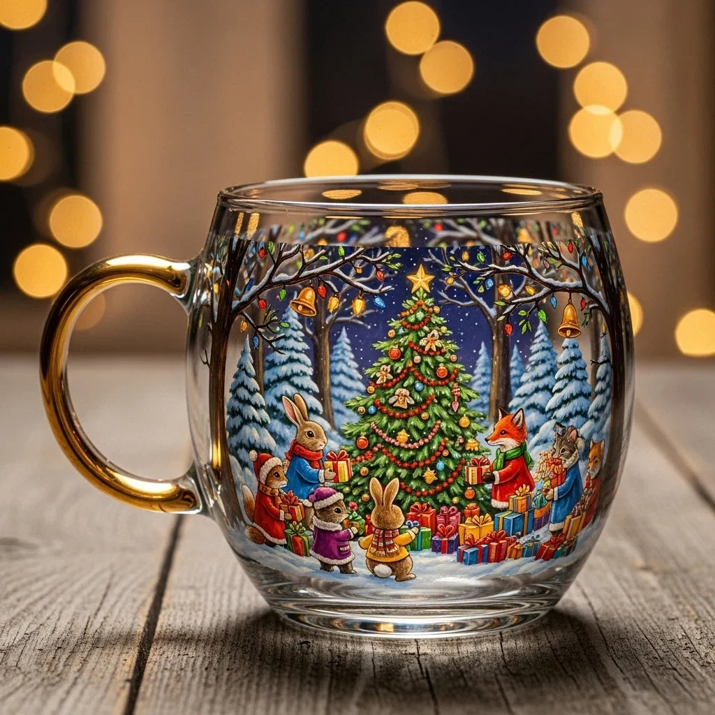 Glass Mug with Festive Holiday Illustrations and Clear Rounded Design - Image 2