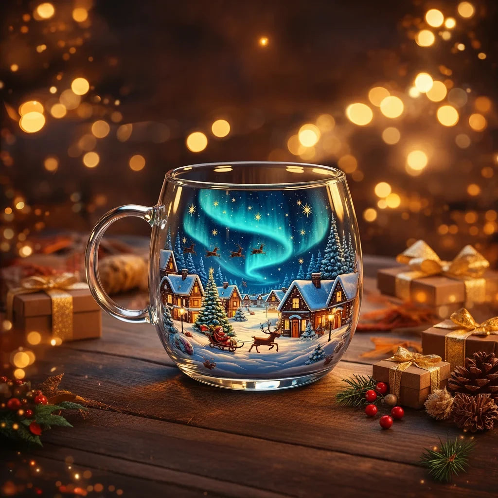 Glass Mug with Festive Holiday Illustrations and Clear Rounded Design - Image 4