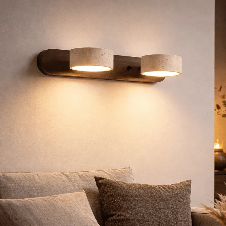 LED Wall Sconce with Travertine Stone and Wood Modern Adjustable Tilting Heads - Image 1