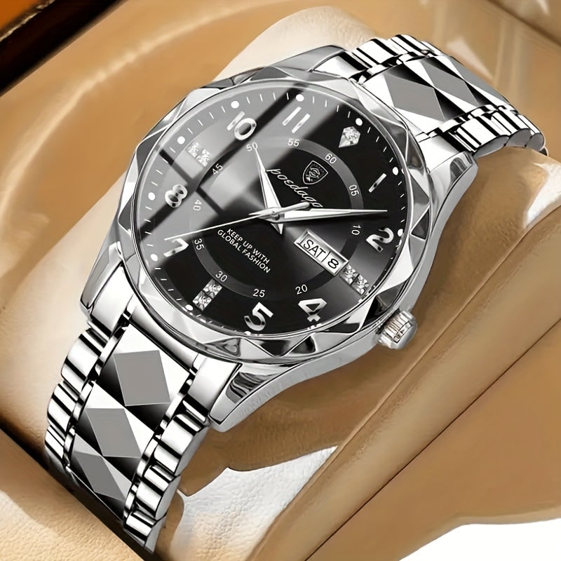 Mens Dress Watch Analog Fashion Sunburst Dial Date Window Faceted Bracelet - Image 10