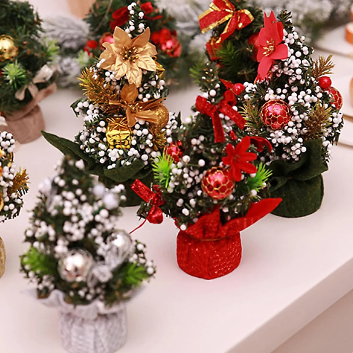 Mini Christmas Tree Tabletop with Ornaments and Flocked Snow Fabric Base - Image 2