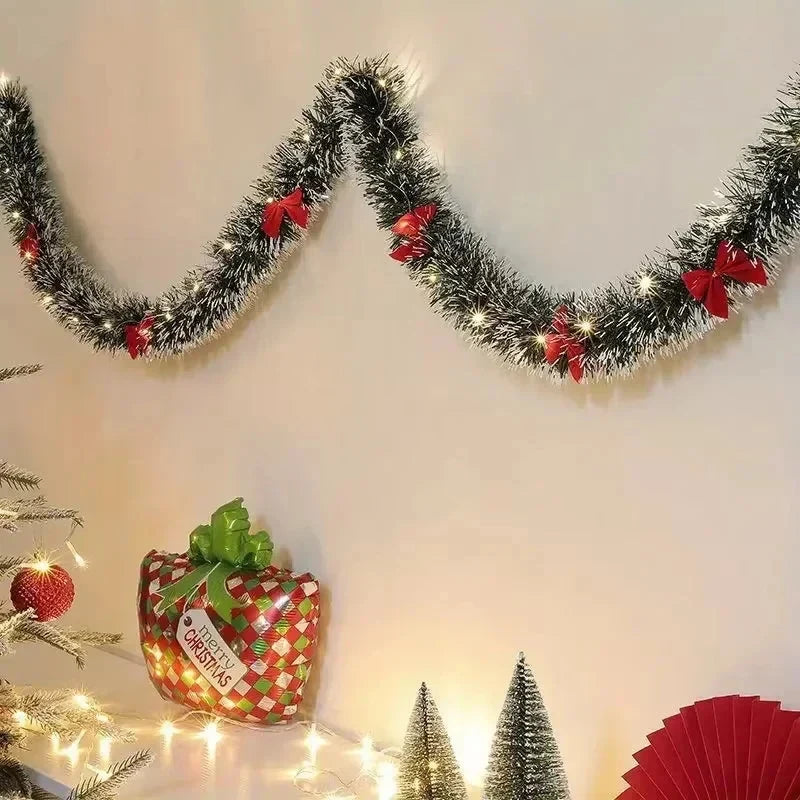Pre-Lit Tinsel Garland with Frosted Tips Bows and Warm White LED Lights - Image 4
