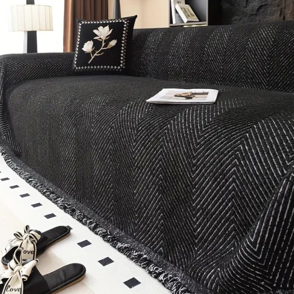 Sofa Throw Blanket Couch Herringbone Fringed Woven Textured Cover - Image 1