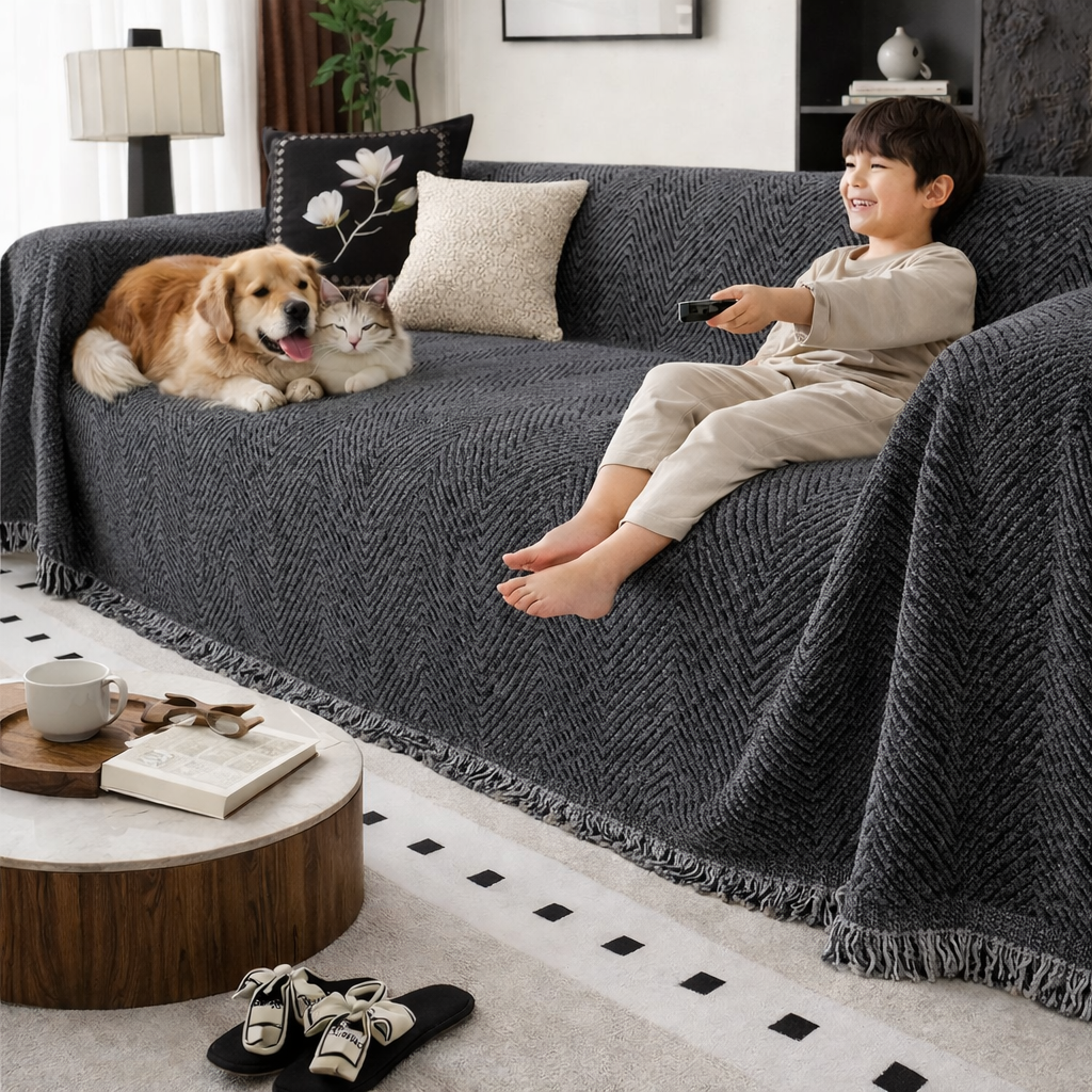 Sofa Throw Blanket Couch Herringbone Fringed Woven Textured Cover - Image 3