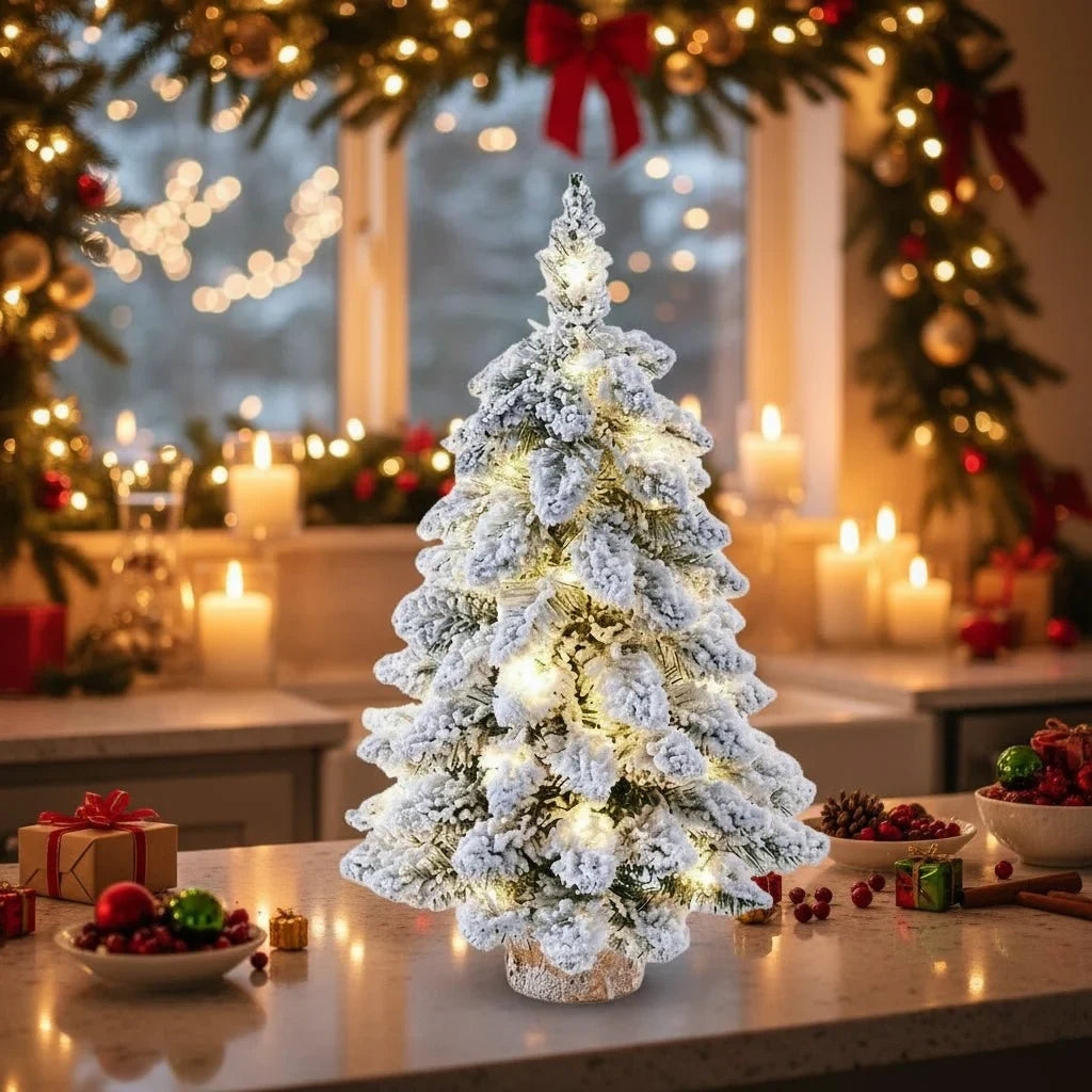 Tabletop Christmas Tree Pre Lit with LED Lights and Faux Flocked Snow Effect - Image 4