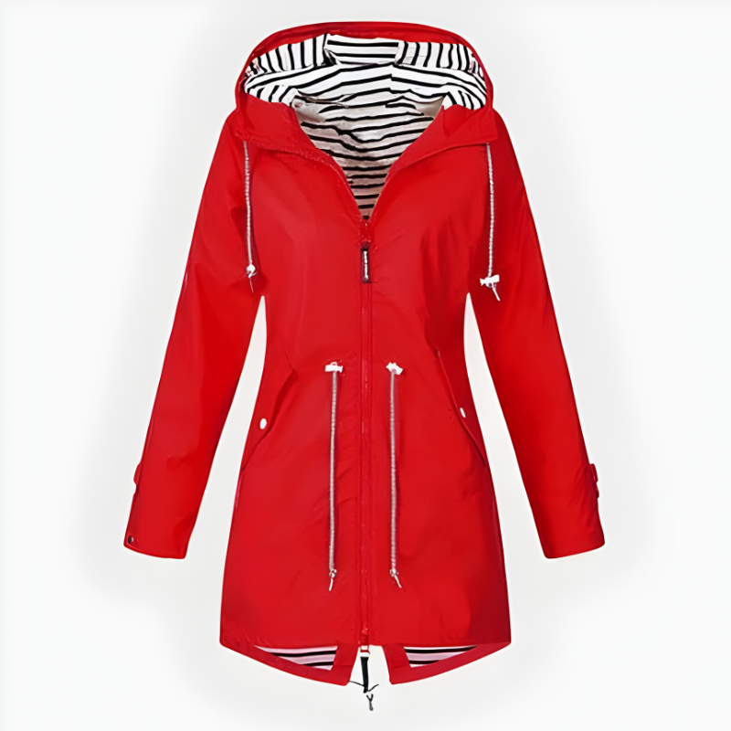 Women's Waterproof Rain Jacket with Drawstring Hood and Striped Lining - Image 3