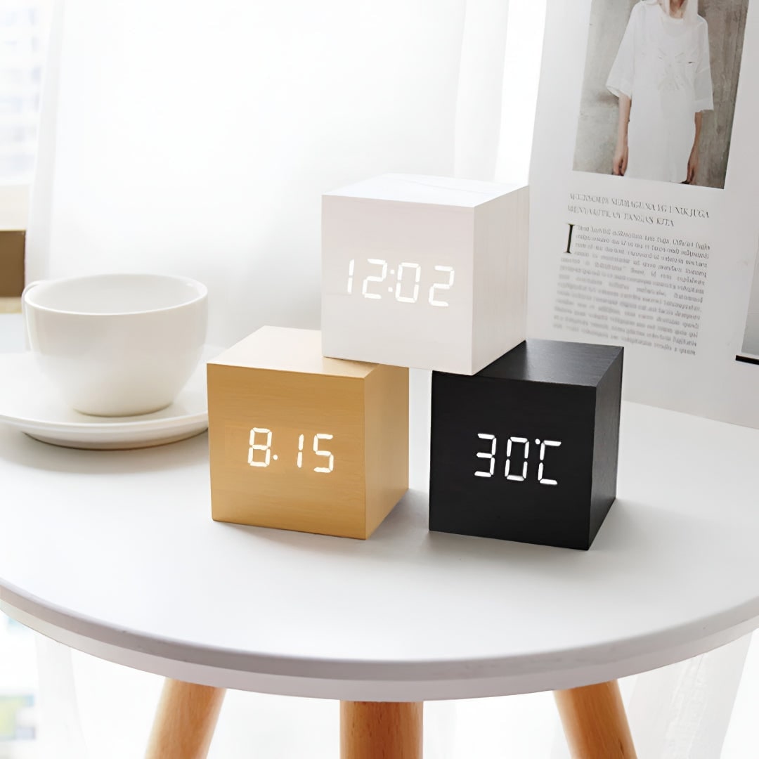 Wooden Cube Digital Alarm Clock with LED Temperature Display - Image 1
