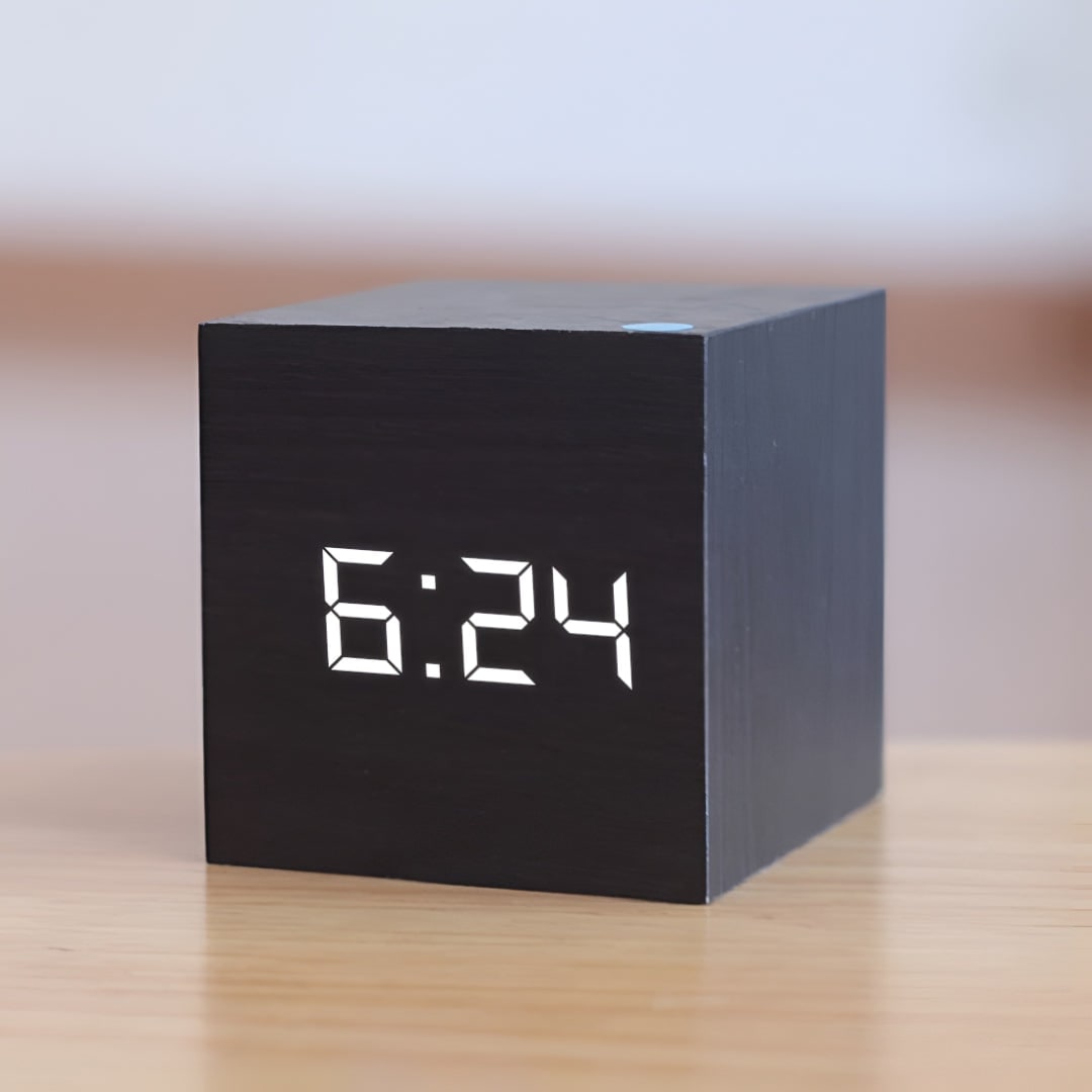 Wooden Cube Digital Alarm Clock with LED Temperature Display - Image 2