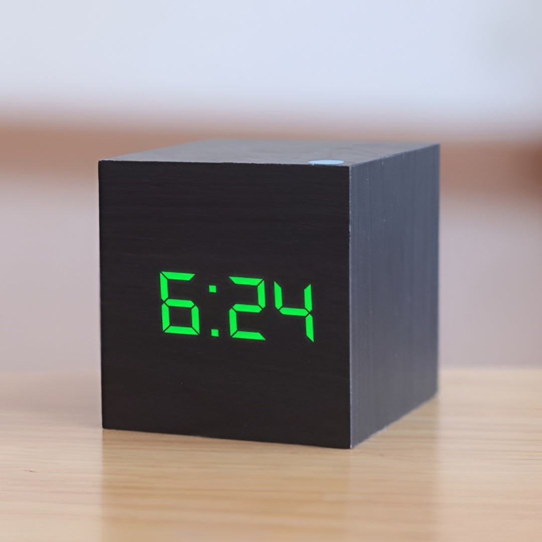 Wooden Cube Digital Alarm Clock with LED Temperature Display - Image 3