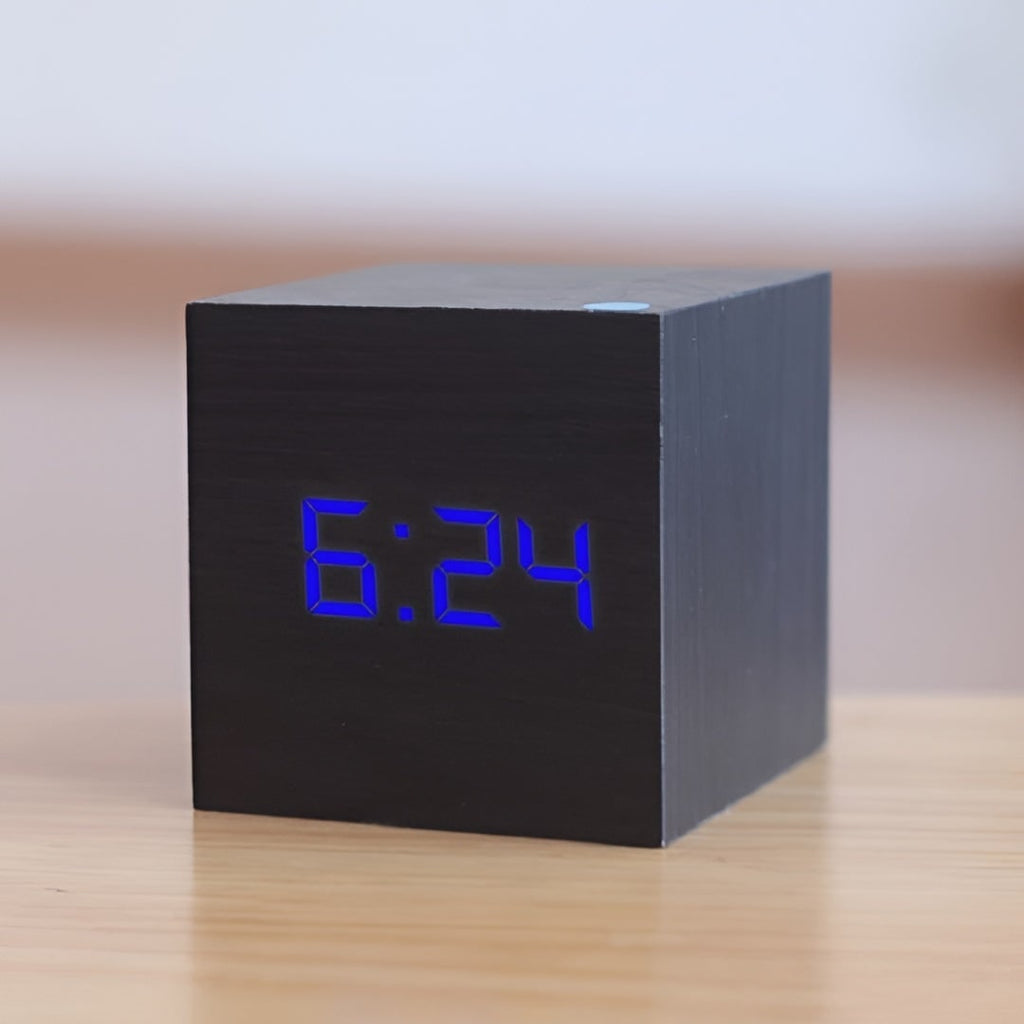 Wooden Cube Digital Alarm Clock with LED Temperature Display - Image 4