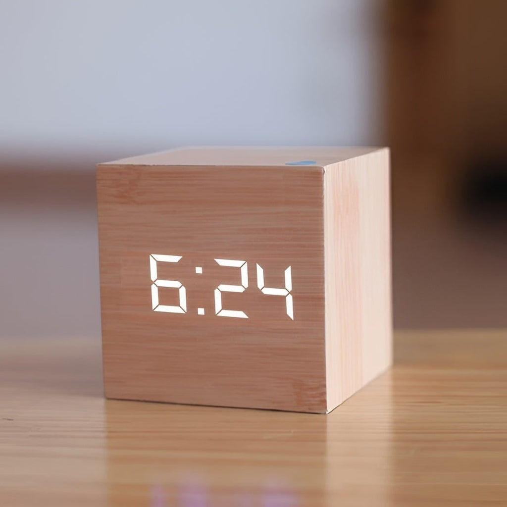 Wooden Cube Digital Alarm Clock with LED Temperature Display - Image 7