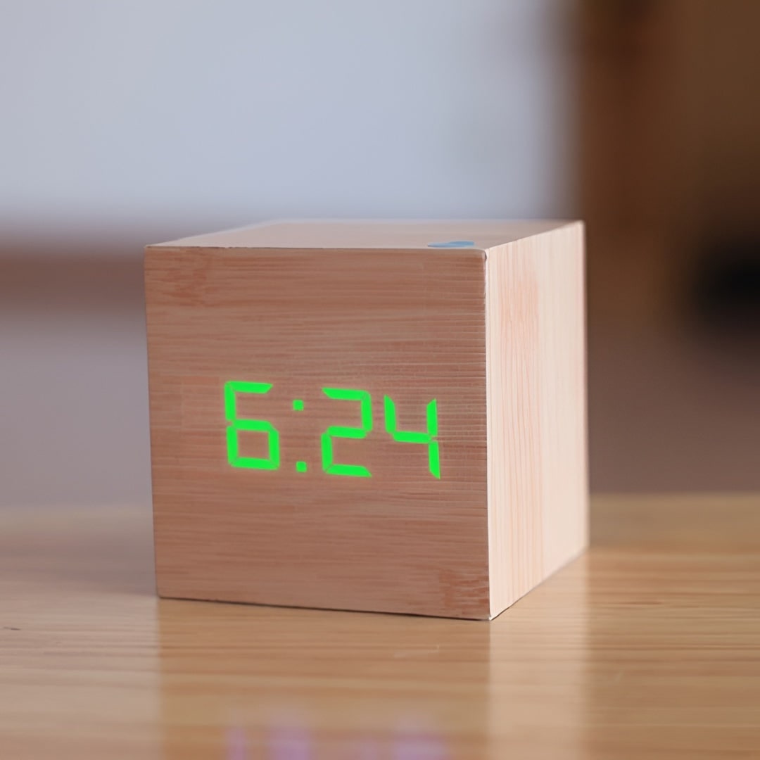 Wooden Cube Digital Alarm Clock with LED Temperature Display - Image 8