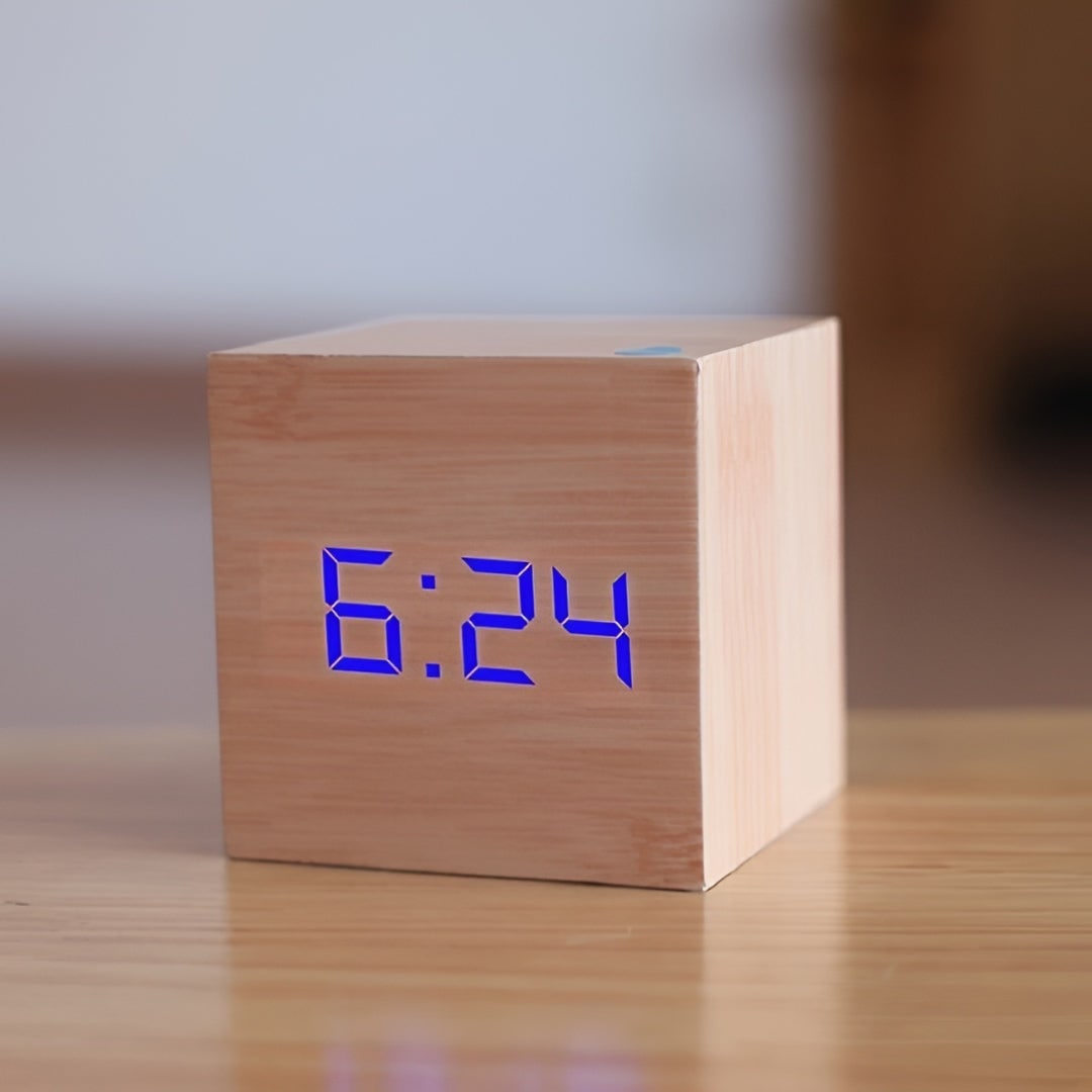 Wooden Cube Digital Alarm Clock with LED Temperature Display - Image 9