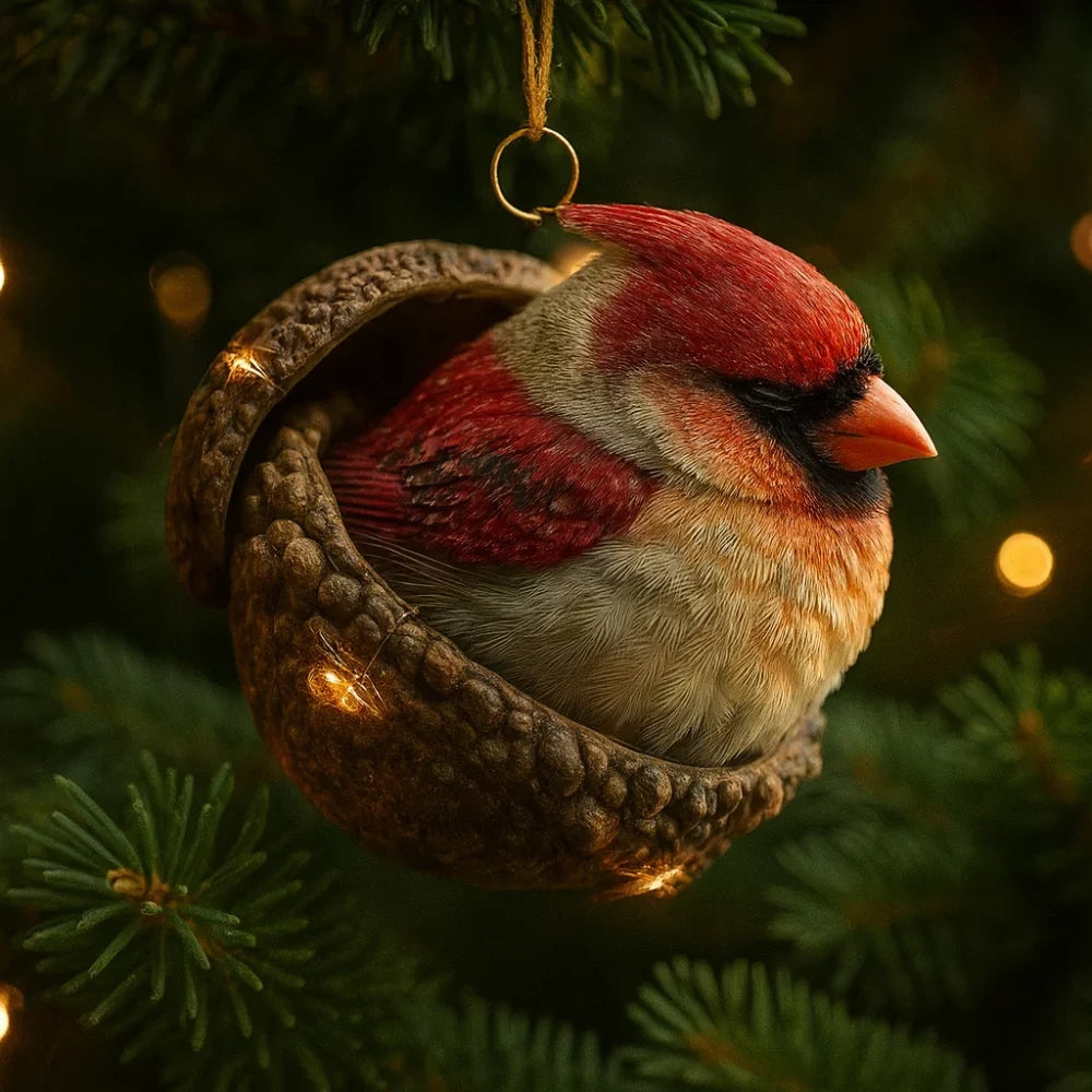 Woodland Christmas Ornaments with Sculpted Sleeping Animals in Acorn Shells - Image 3