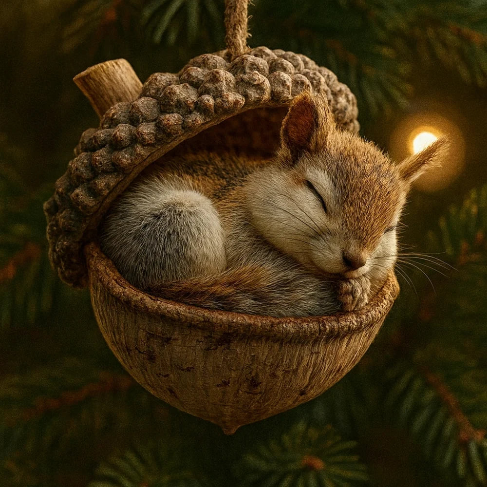 Woodland Christmas Ornaments with Sculpted Sleeping Animals in Acorn Shells - Image 4