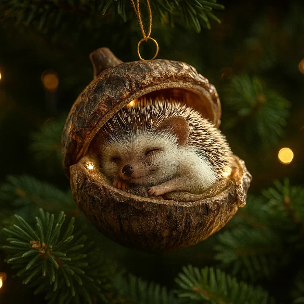 Woodland Christmas Ornaments with Sculpted Sleeping Animals in Acorn Shells - Image 5