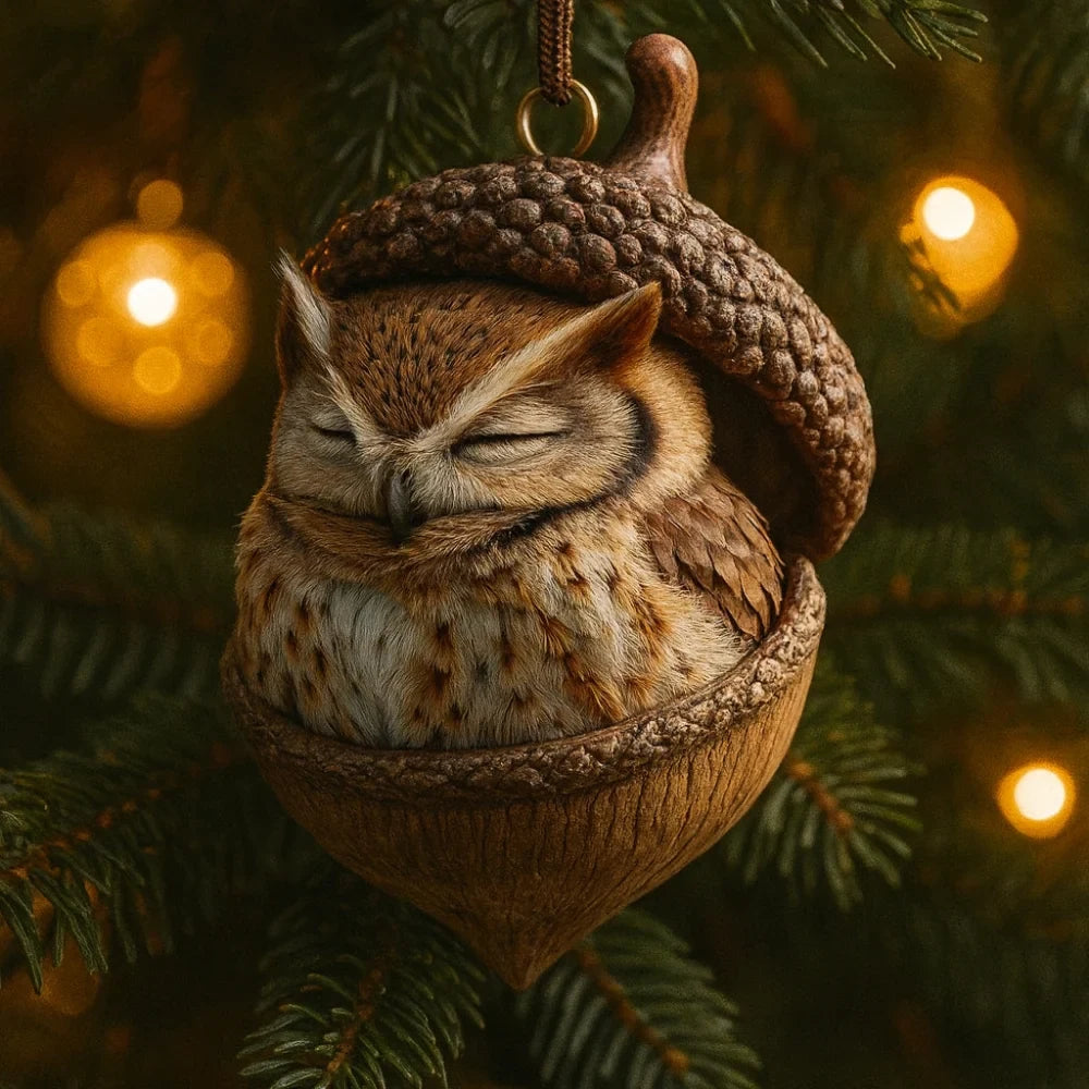 Woodland Christmas Ornaments with Sculpted Sleeping Animals in Acorn Shells - Image 7